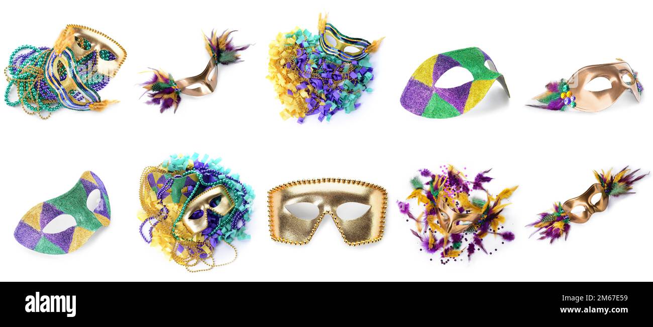 Collage aus hellen Karnevalsmasken mit Dekor auf weißem Hintergrund Stockfoto
