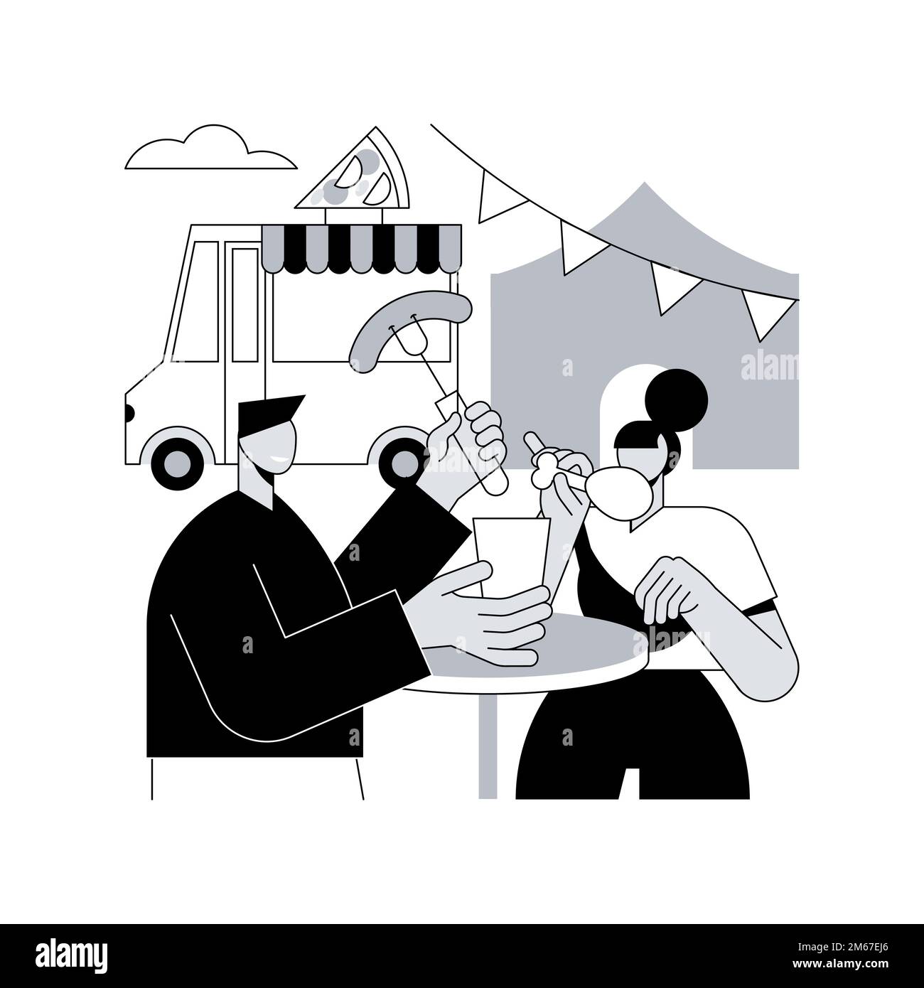 Abstraktes Konzept für Straßenparty-Vektorbeispiele. Pizza City Festival, Rib Food Festival, Weihnachtsmarkt, fröhliche Leute, Spaß im Freien, Unterhaltung, Restaurant Stock Vektor