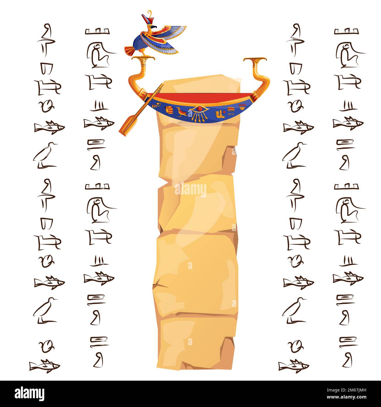 Altes ägyptisches Papyrus oder Steinsäule mit Vektordarstellung des Boots Ra. Antikes Papier mit Hieroglyphen zum Speichern von Informationen, ägyptische Kultur religiöse Symbole, isoliert auf weißem Hintergrund Stock Vektor