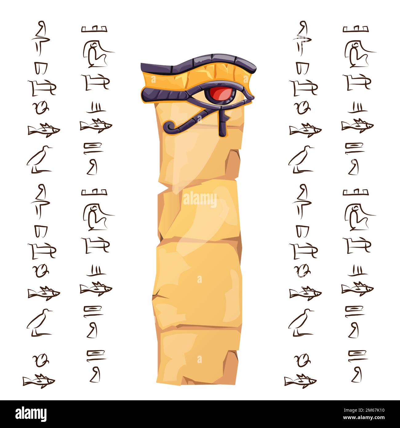 Altes ägyptisches Papyrus oder Steinsäule mit heiligem Auge des Horus-Cartoon-Vektorbildes. Ägyptisches Kultursymbol, leeres, entfaltetes uraltes Papier mit Hieroglyphen, grafische Benutzeroberfläche für Spiele Stock Vektor