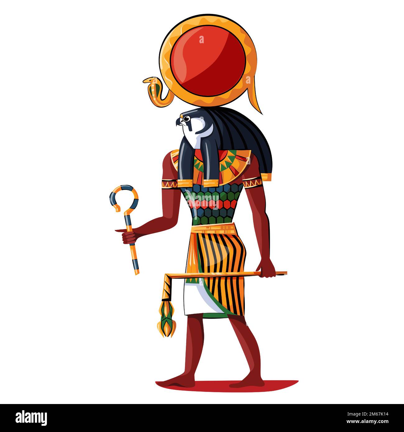 Der alte ägyptische sonnengott Ra Cartoon Vektor isoliert auf weißem Hintergrund. Ägyptische Kultur religiöses Symbol, großer gott mit menschlicher Gestalt und Falkenkopf in Solarzellen und Schlangenkopfschlangen Stock Vektor