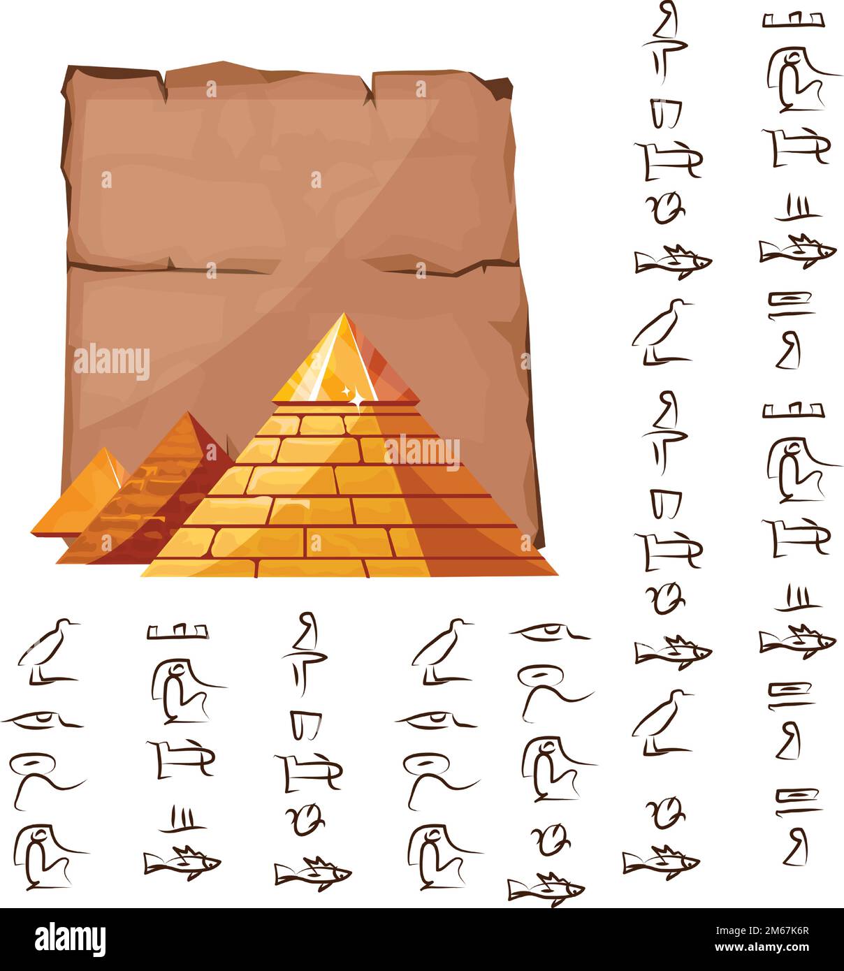 Altes ägyptisches Papyrus-Teil mit Pyramiden-Silhouetten-Cartoon-Vektordarstellung. Antikes Papier mit Hieroglyphen, Informationen, ägyptische Kultur, religiöse Symbole, isoliert auf weißem Hintergrund Stock Vektor