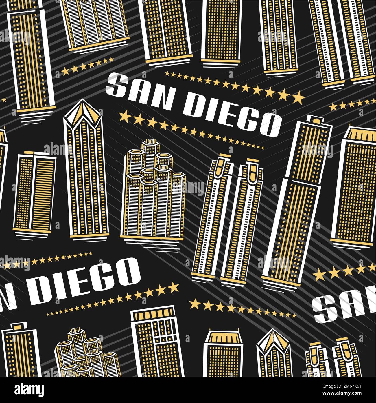 Vector San Diego Seamless Pattern, wiederkehrender Hintergrund mit Illustration der berühmten amerikanischen Stadtlandschaft auf dunklem Hintergrund für Geschenkpapier, dekorativ Stock Vektor