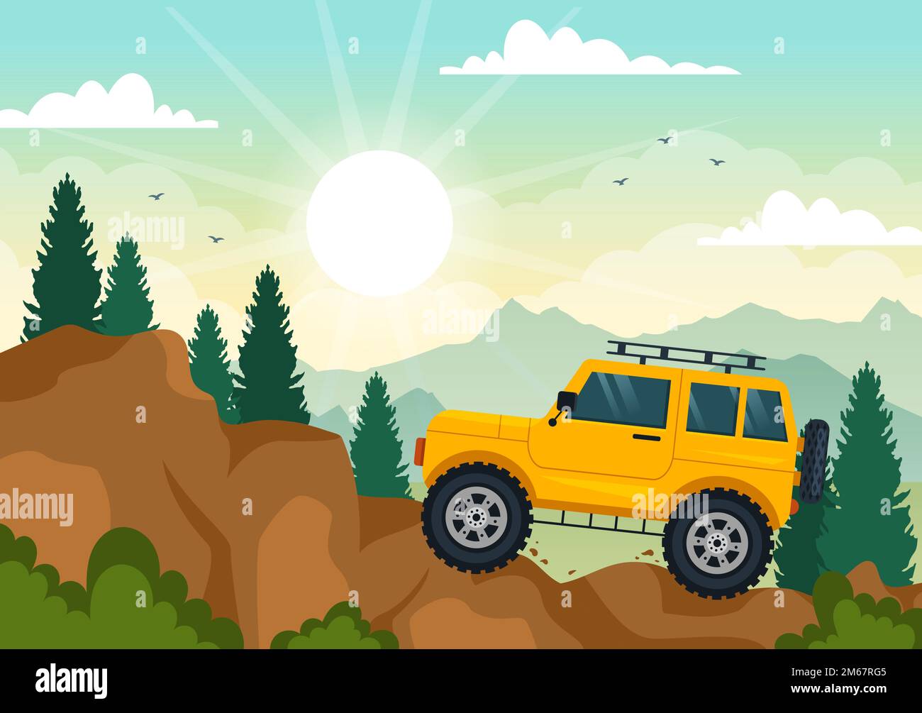 Off-Road-Illustration mit einem Jeep oder SUV, um in flachen, von Hand gezeichneten Cartoon-Vorlagen durch felsiges Gelände, Flüsse und Sand zu fahren Stock Vektor