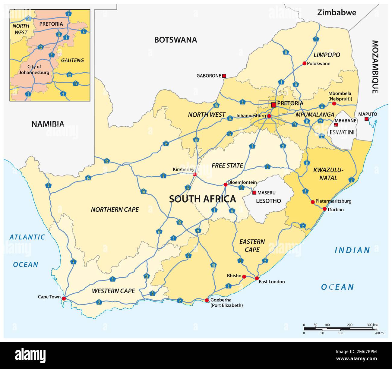 Vektorkarte der Nationalstraßen in Südafrika mit Etiketten Stockfoto
