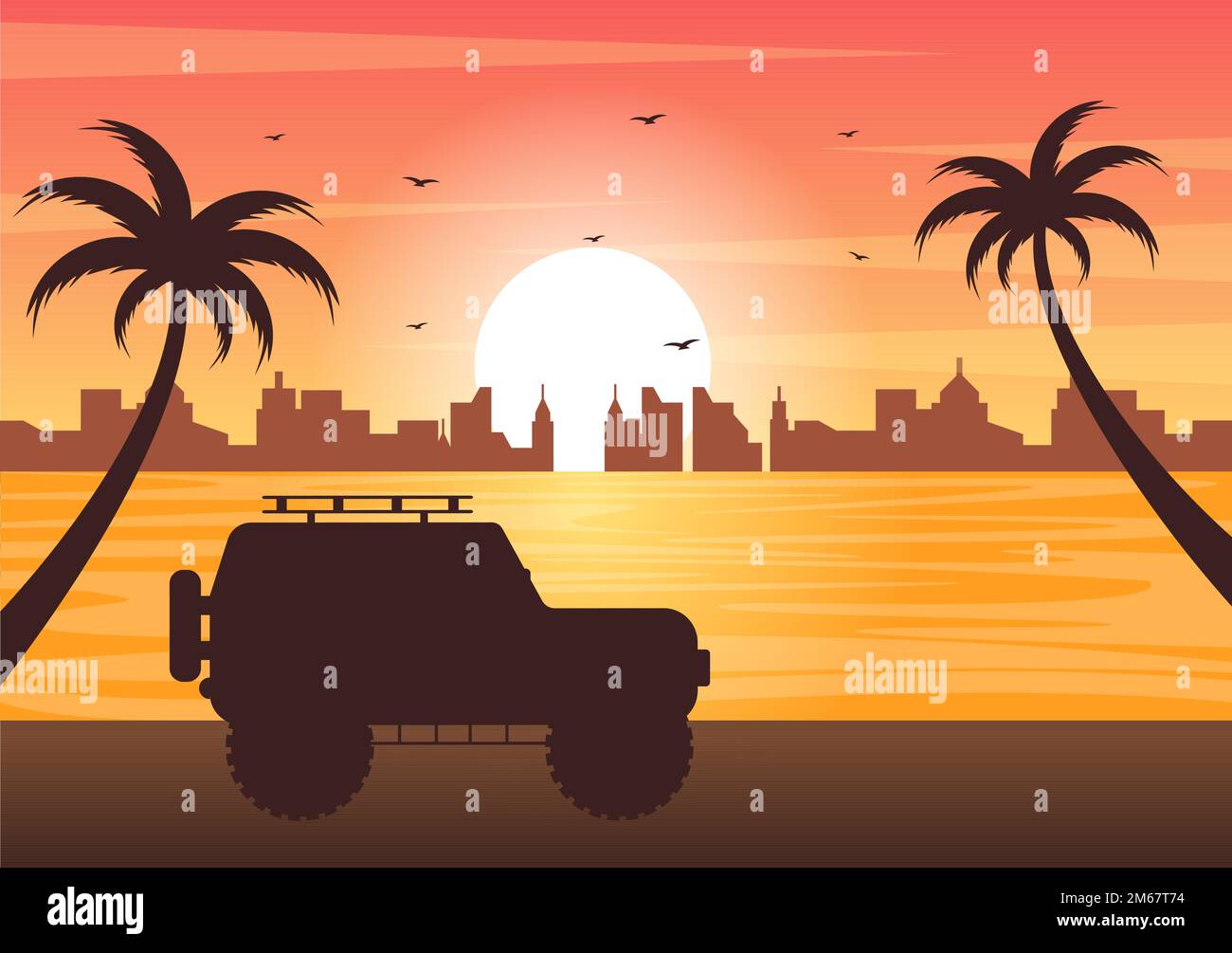 Off-Road-Illustration mit einem Jeep oder SUV, um in flachen, von Hand gezeichneten Cartoon-Vorlagen durch felsiges Gelände, Flüsse und Sand zu fahren Stock Vektor