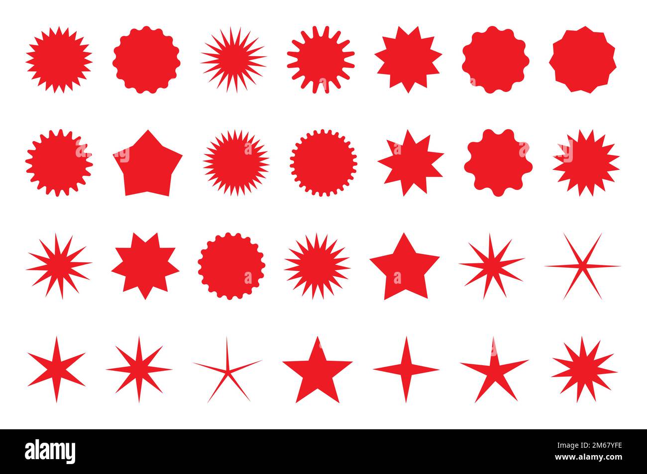 Set mit roten Stern- oder sonnenförmigen Verkaufsaufklebern. Haftnotizen und Etiketten für Werbeaktionen. Stock Vektor
