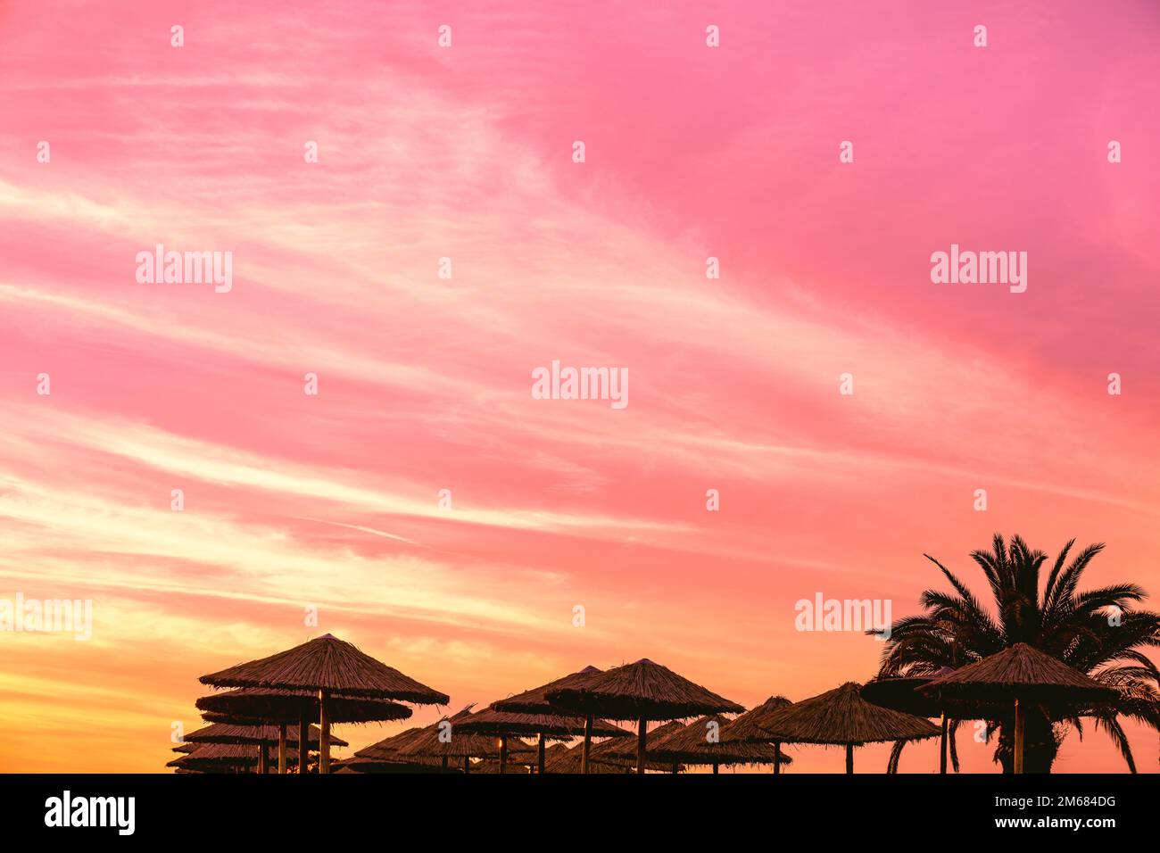 Tropische Strandlandschaft mit Sonnenschirmen und Palmen. Strohsonnenschirme am Strand bei Sonnenuntergang. Verlaufsfarbe Stockfoto