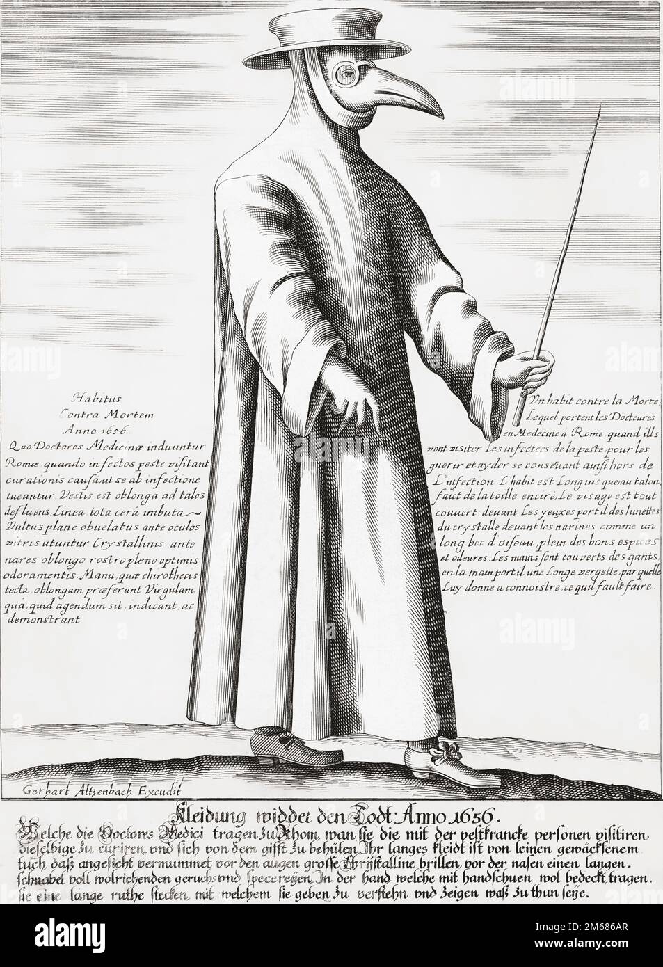 Ein Pestarzt in den 1650er Jahren. Der Schnabel war in der Regel mit Kräutern oder anderen Substanzen gefüllt, von denen angenommen wurde, dass sie den Träger vor einer Erkrankung schützen. Basierend auf der Gravur von Paul Furst. Stockfoto