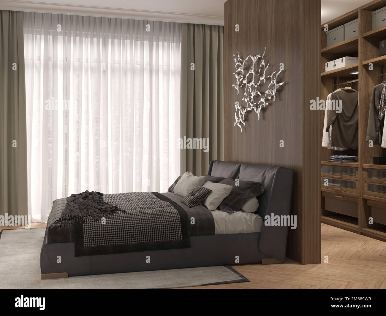 Modernes Innendesign der Schlafzimmer mit Holzwand, Ankleidebereich im Schlafzimmer, akzentuierte Beleuchtung, Kleiderschrank, Ankleidezimmer hinter der Trennwand, 3 Stockfoto