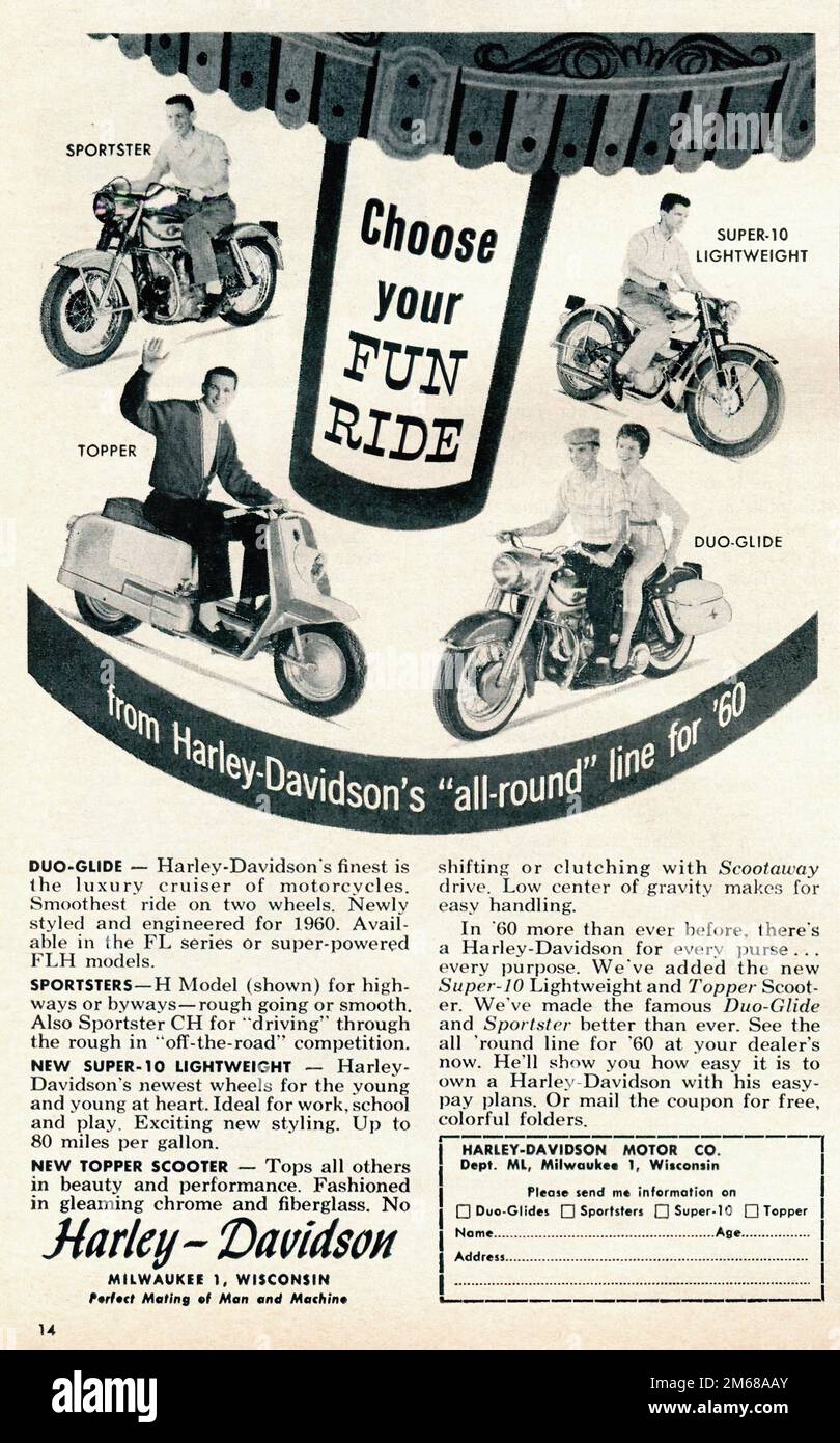 1960 Harley-Davidson Sportster Topper Duo-Glide Super-10 Leichte Vintage-Werbung – Motor Life November 1959 Stockfoto