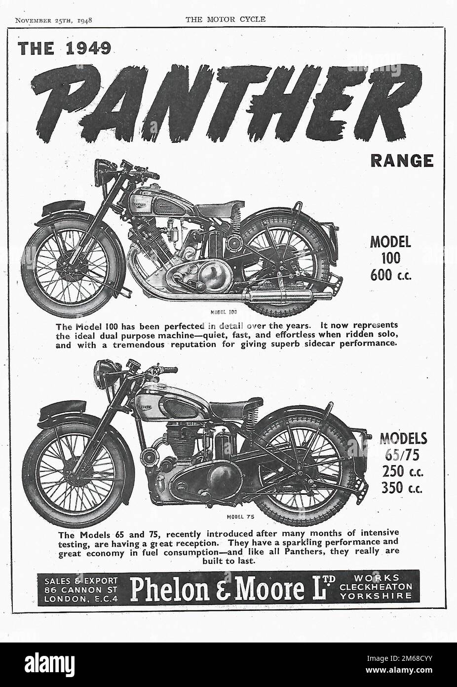 Die Panther-Reihe 1949 – Werbung für Oldtimer-Motorräder Stockfoto