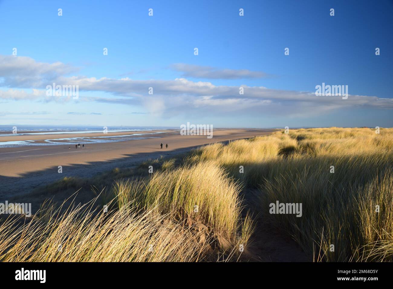 Am frühen Morgen im Januar zieht das Sonnenlicht über das breite Sanddünensystem und den Strand der Merseyside Coast von Ainsdale Stockfoto