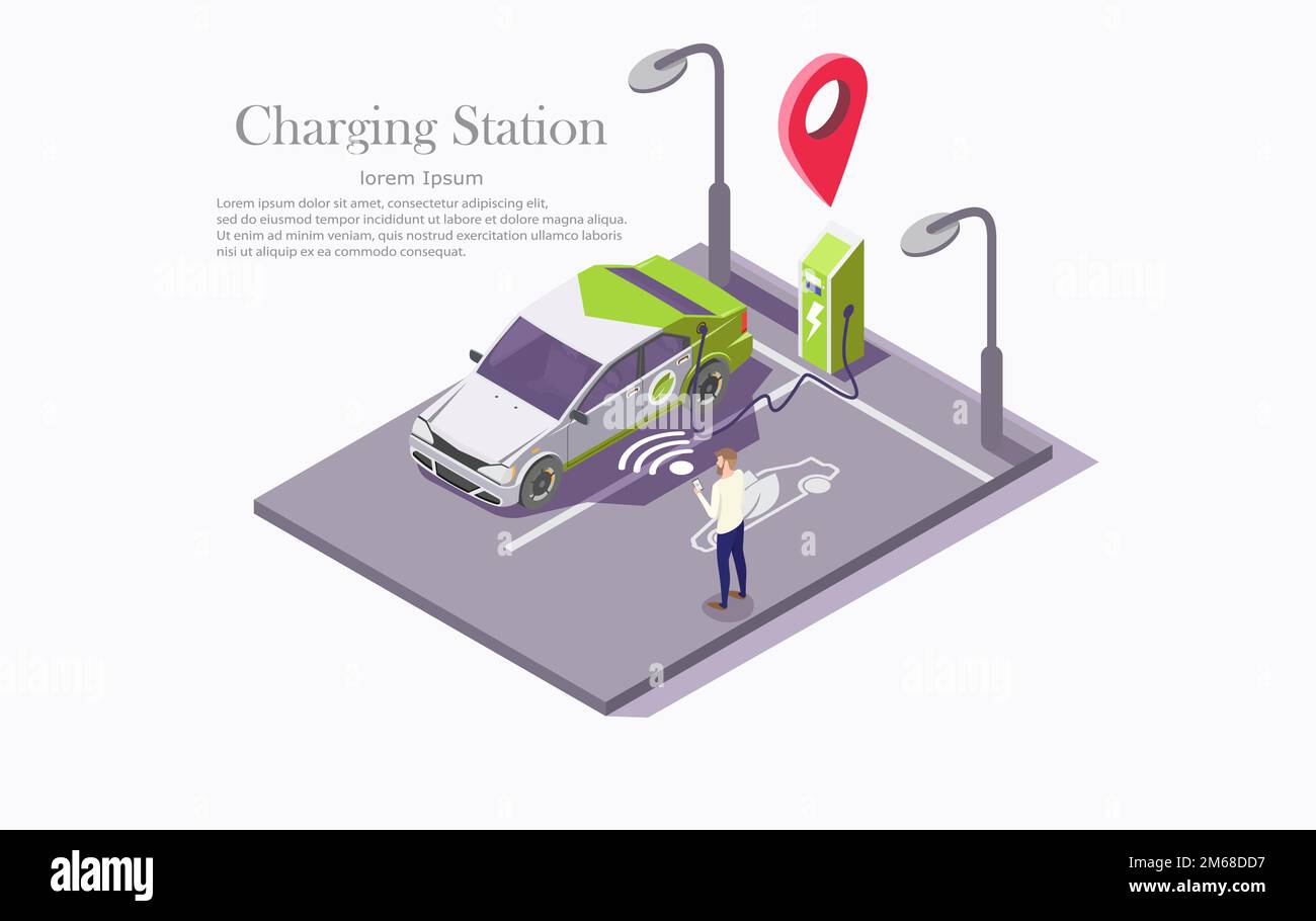 Vektor-Webbanner-Vorlage für EV-Ladestation-Technologie Stock Vektor