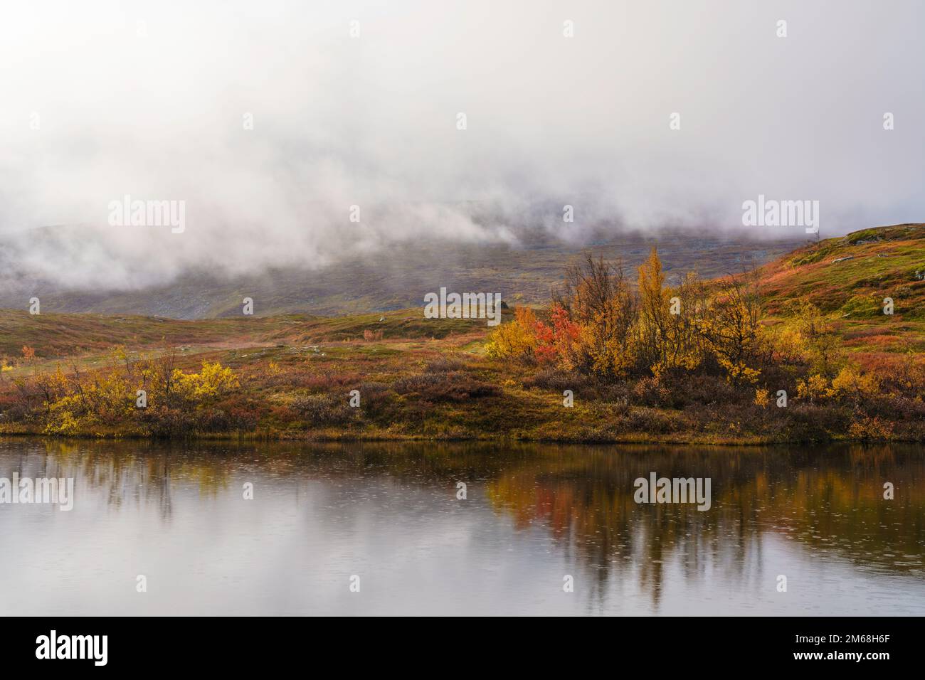 Herbstsaison in Björkliden, kleiner See mit Bäumen und Bergen, die sich im Wasser spiegeln, Björkliden, schwedisches Lappland, Schweden Stockfoto