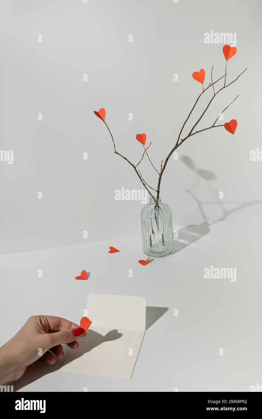Zweige mit roten Papierherzen und weiblicher Hand, die das Herz in einen weißen Umschlag steckt. Minimale Liebe oder valentinskonzept. Stockfoto