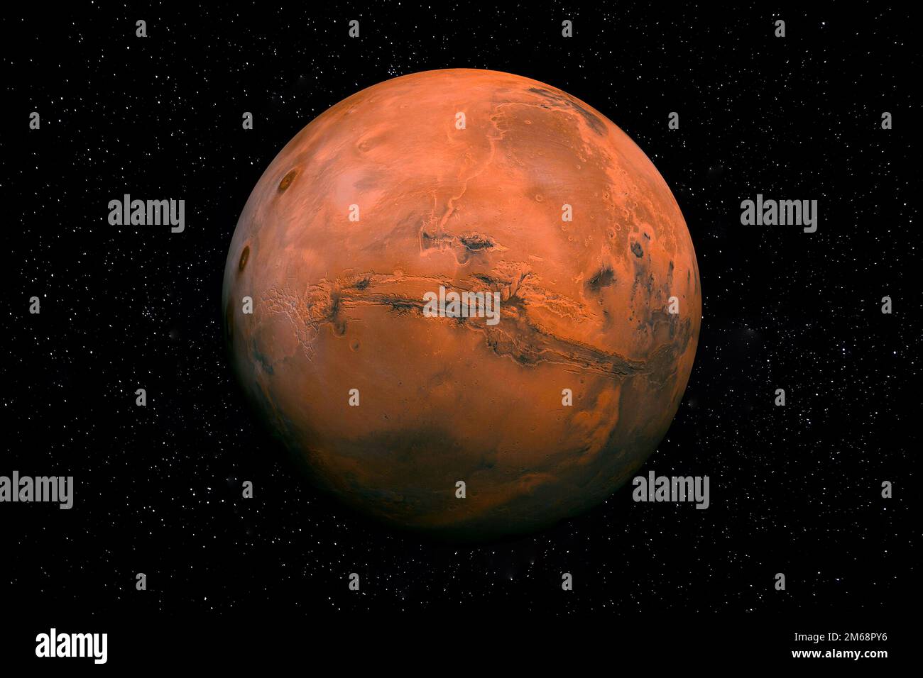 Roter Planet Mars im Weltall, umgeben von Stars. Diese Bildelemente wurden von der NASA bereitgestellt. Stockfoto