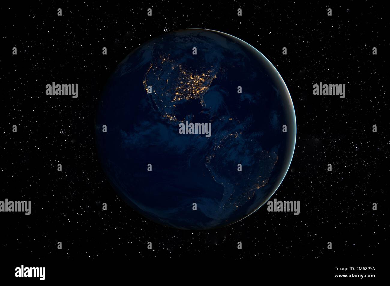 Planet Erde in dunkler Nacht im All, umgeben von Sternen. Diese Bildelemente wurden von der NASA bereitgestellt. Stockfoto