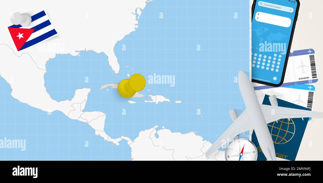 Reise nach Kuba Konzept, Karte mit Pin auf Karte von Kuba. Karte zur Vorbereitung des Urlaubs, Flagge, Reisepass und Tickets. Vektordarstellung in flacher Ausführung. Stock Vektor