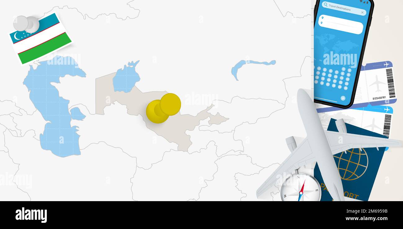 Reisen Sie nach Usbekistan Concept, Karte mit Pin auf Karte von Usbekistan.  Karte zur Vorbereitung des Urlaubs, Flagge, Reisepass und Tickets.  Vektordarstellung in flachen des Stock-Vektorgrafik - Alamy