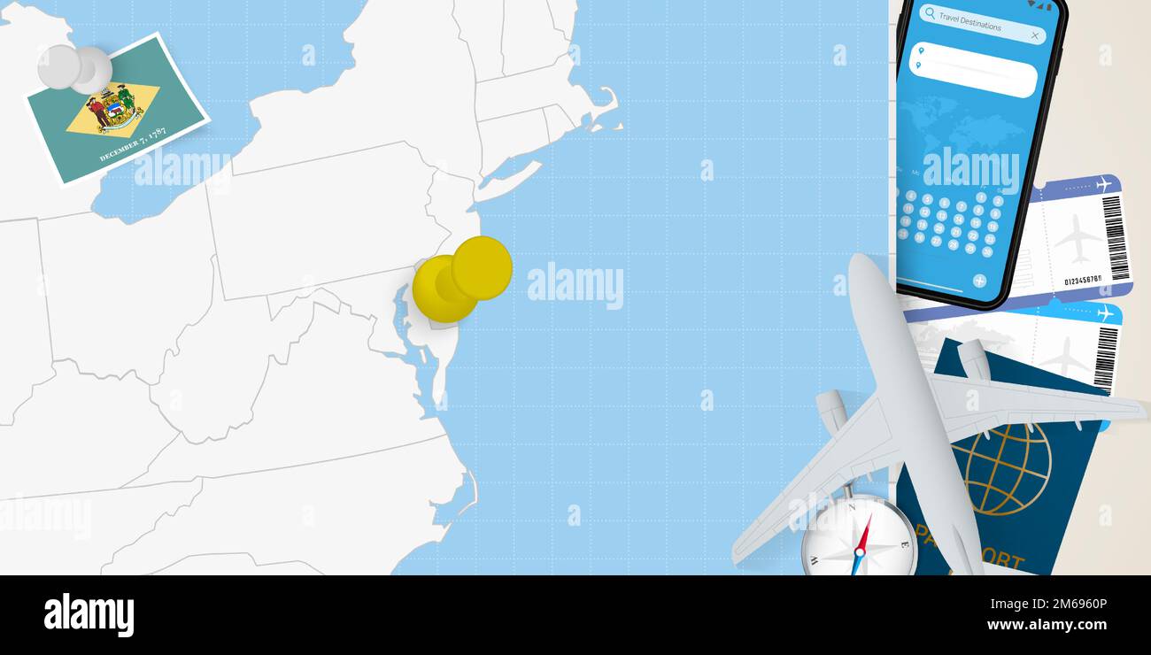 Travel to Delaware Concept, Karte mit Pin auf Karte von Delaware. Karte zur Vorbereitung des Urlaubs, Flagge, Reisepass und Tickets. Vektordarstellung in flacher Ausführung. Stock Vektor