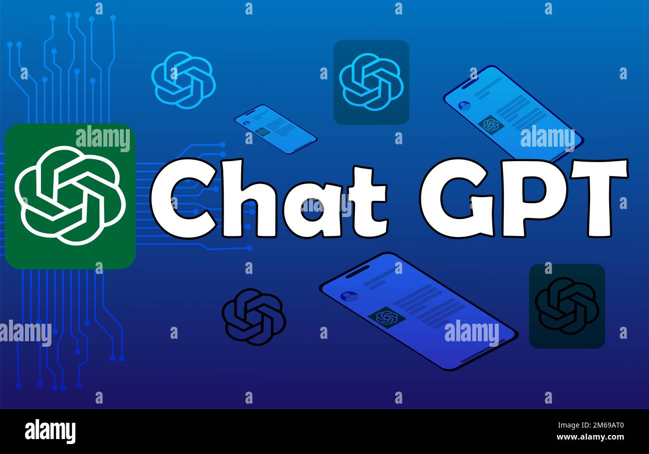 CHATgpt-Gesprächsmethodenbeispiele. Text-Chat-GPT mit offenem ai-Logo und Hintergrund. Chatgpt auf einem blauen digitalen und futuristischen Hintergrund. Stockfoto