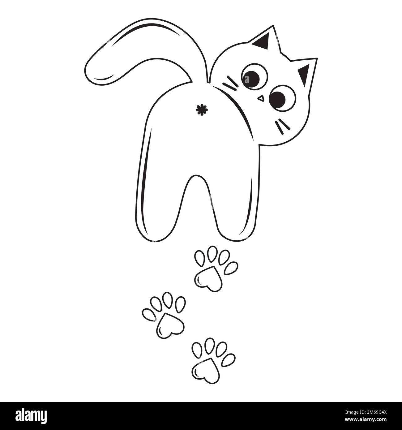 Die süße Katze hinterließ einen Pfotendruck, einen schwarzen Umriss, eine Vektorgrafik im Kritzelstil. Stock Vektor