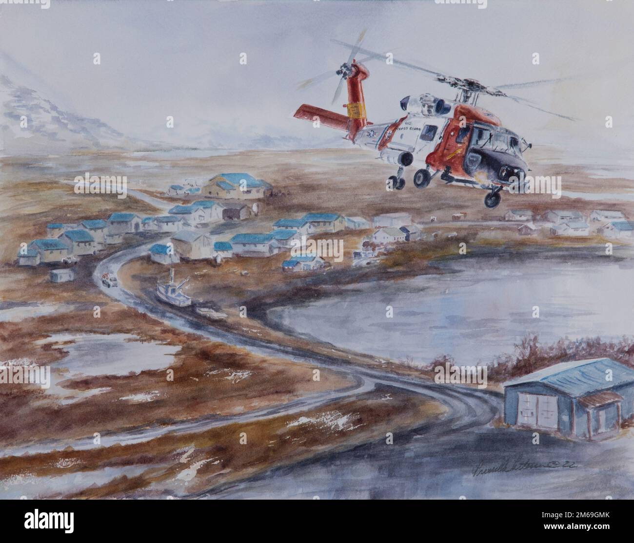 Eine Hubschrauberbesatzung der Air Station Kodiak MH-60 Jayhawk nähert sich dem Dorf Akhiok, Alaska, um das Personal der Kodiak Area Native Association bei der Lieferung von COVID-19-Impfstoffen in Akhiok zu unterstützen. Die Küstenwache half mit lokaler Unterstützung bei der Lieferung von COVID-19-Impfstoffen an entlegene Gemeinden auf der Insel Kodiak. US Coast Guard Art Program 2022 Collection, ob ID-Nr. 202226, „Lieferung für Akhiok“, Priscilla Messner-Patterson, Aquarell, 11 x 14 Alaska, COGAP Artwork, COVID, Ureinwohner, Priscilla Messner-Patterson, Rescue, Stockfoto