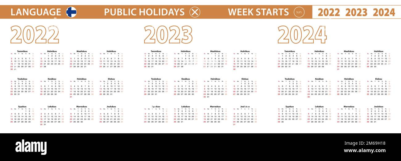 2022-, 2023-, 2024-Jahres-Vektorkalender in finnischer Sprache, Woche beginnt am Sonntag. Vektorkalender. Stock Vektor