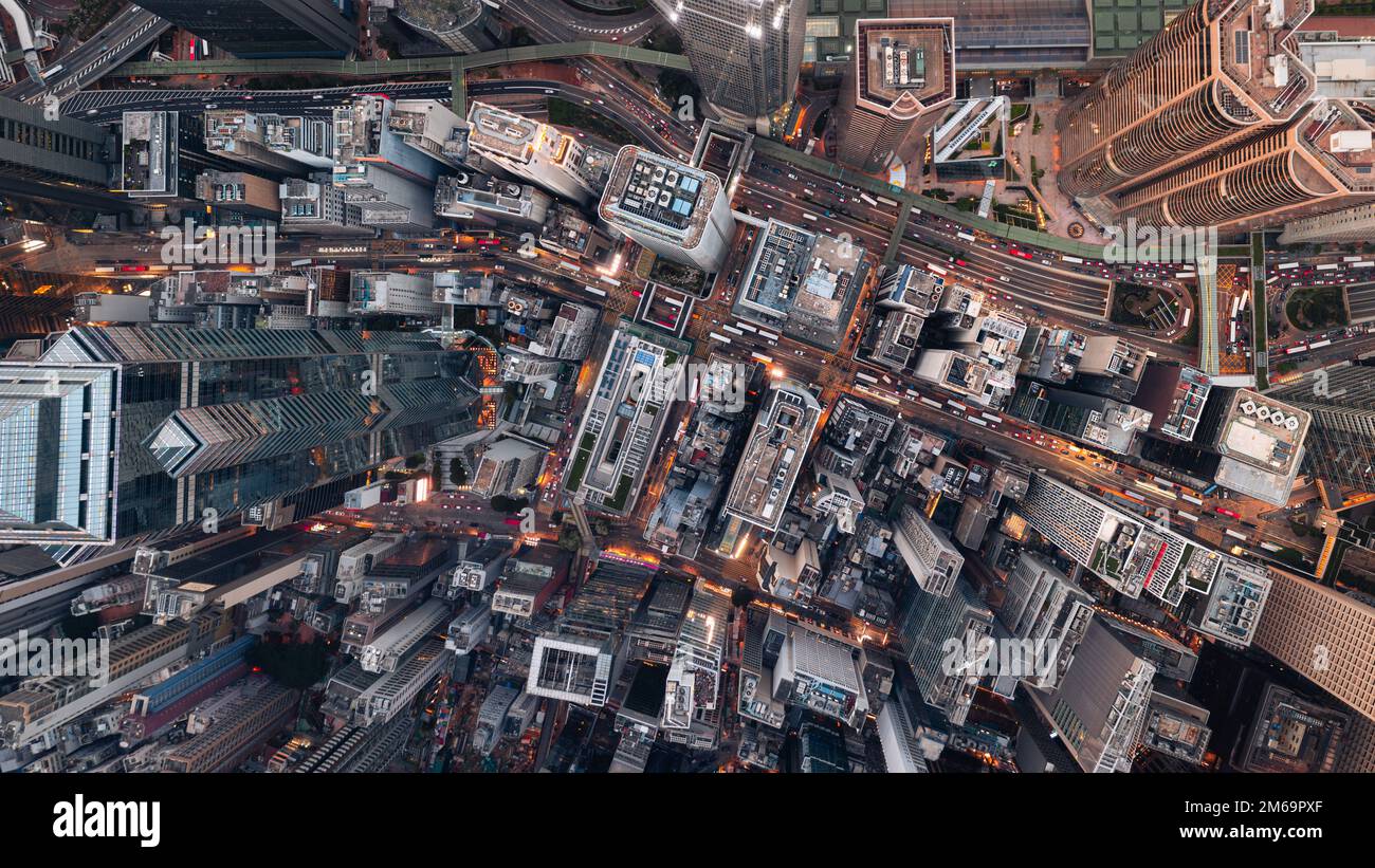Luftaufnahme des Central Area in Hong Kong während der Hauptverkehrszeiten Stockfoto