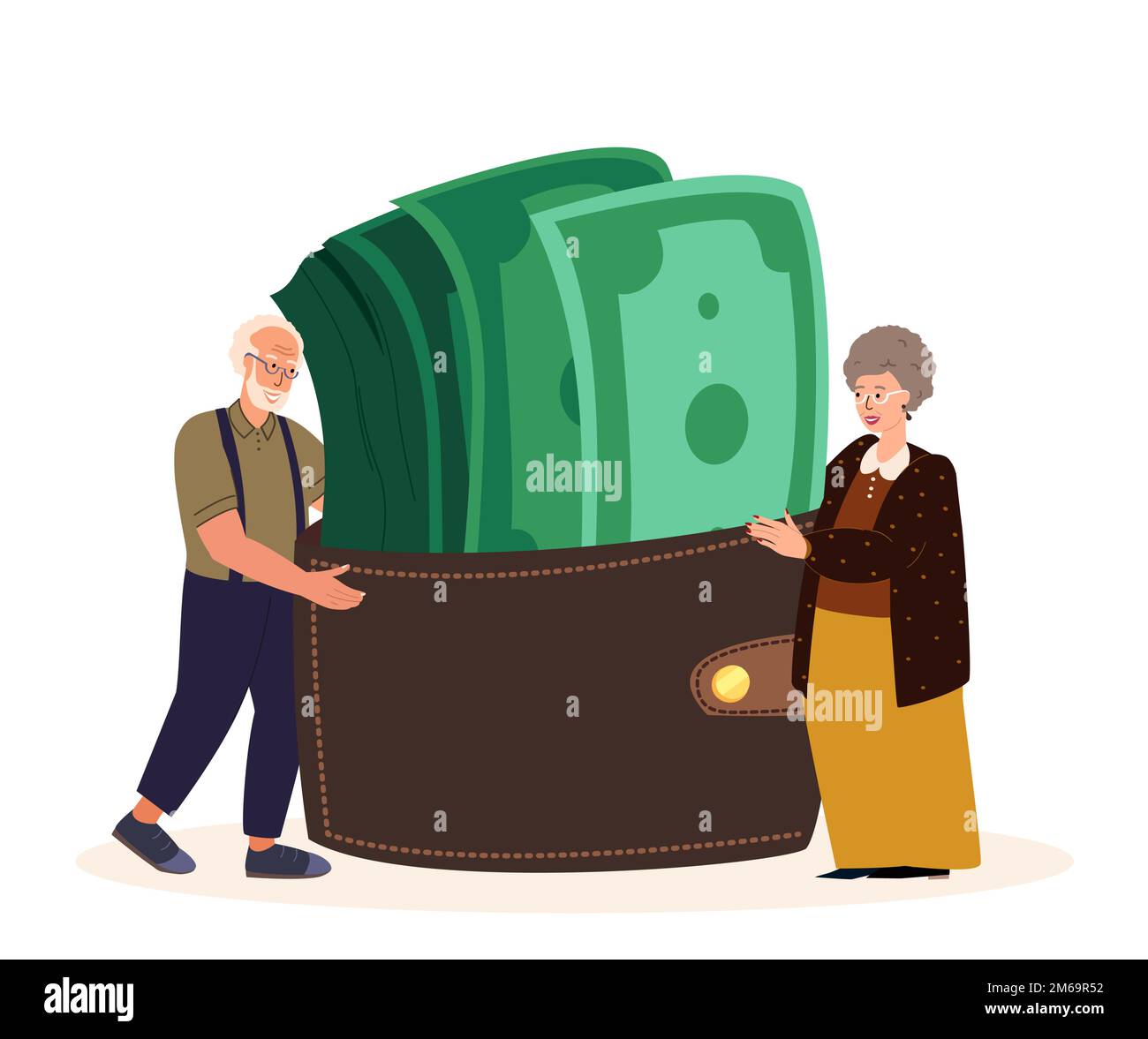 Glückliche Rentner Frau und Mann, weibliche Charaktere halten ein riesiges Portemonnaie mit Geld, Grünen Scheinen, Scheinen. Finanzielles Vermögen, Geldakkumulation, Rentenersparnisse, wohlhabender Ruhestand. Flachvektordarstellung Stock Vektor