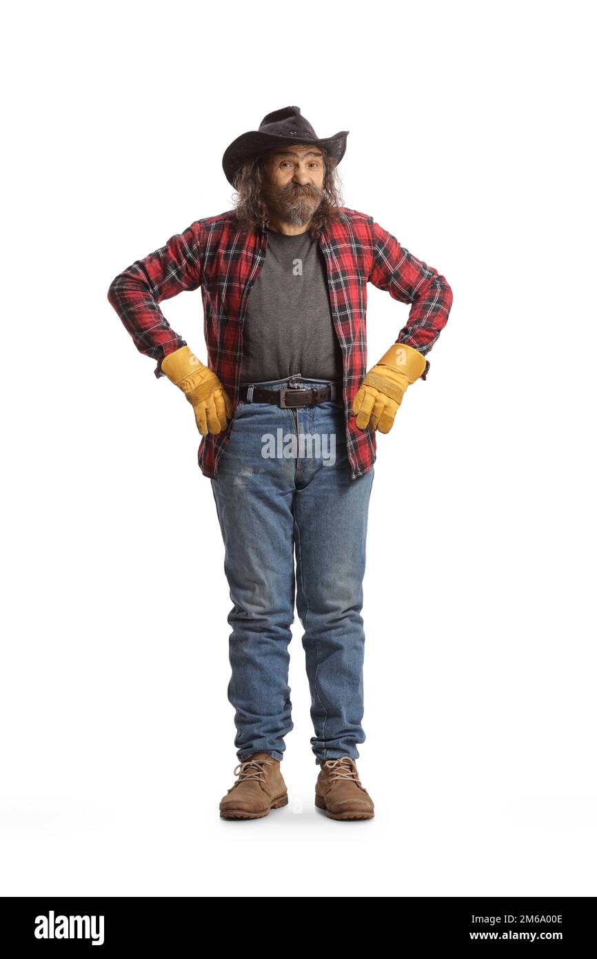 Cowboyfarmer in Jeans und Hemd isoliert auf weißem Hintergrund Stockfoto
