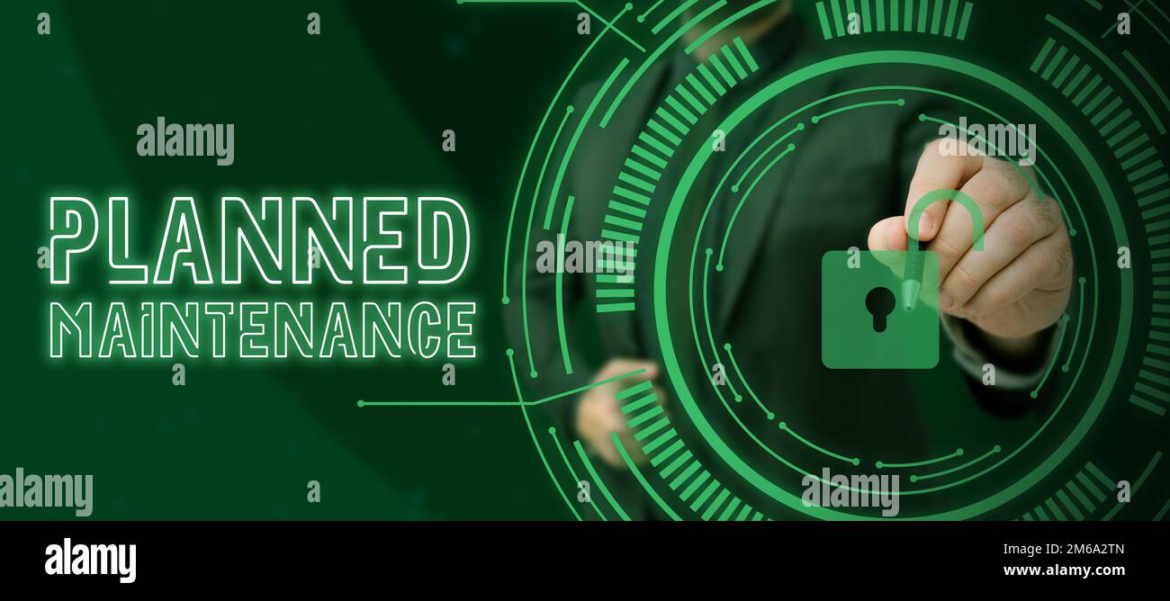 Inspiration mit Schild „geplante Wartung“. Regelmäßige Überprüfung des Geschäftsansatzes Stockfoto