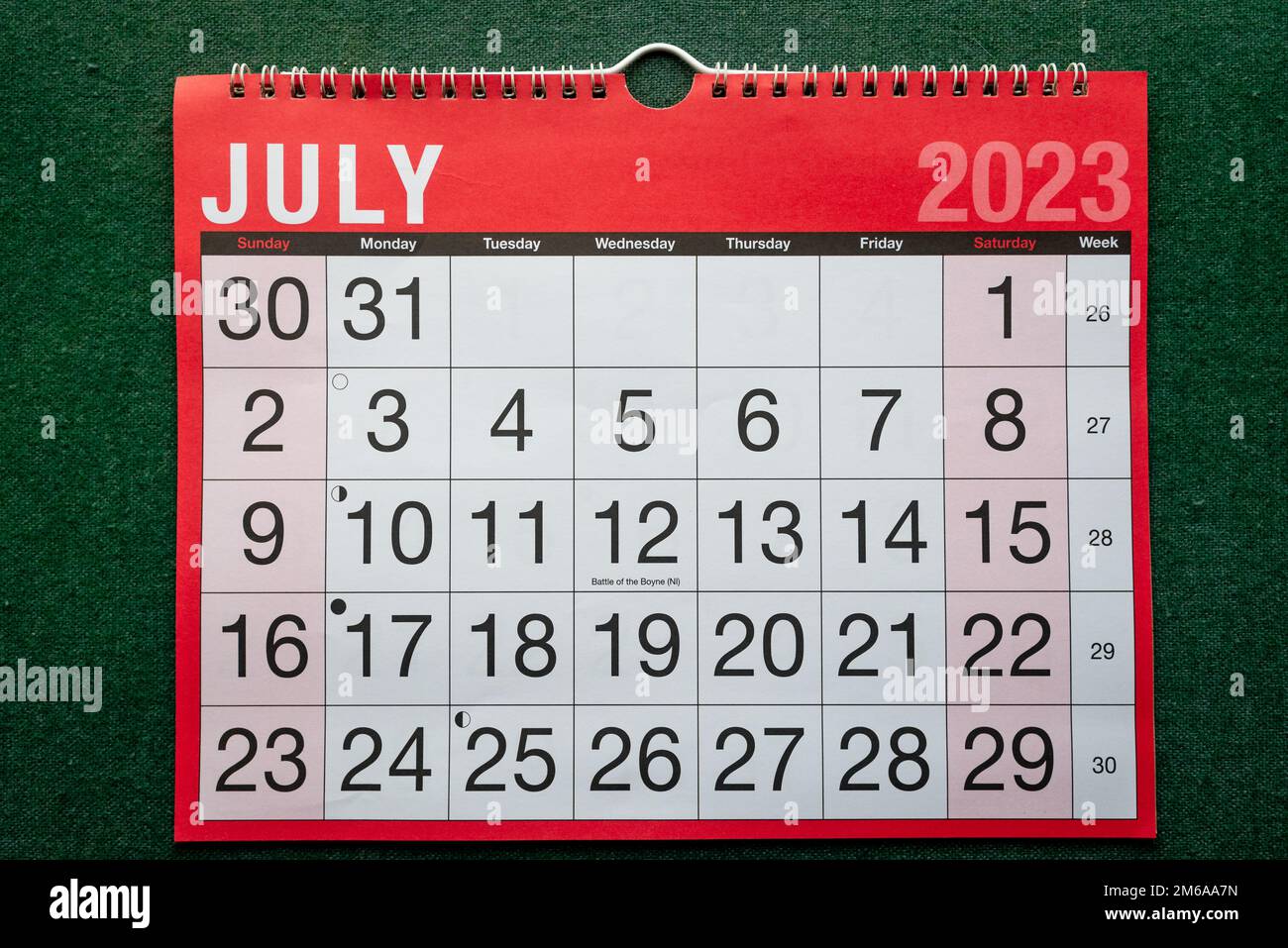 Kalender 2023, Juli, Monatsplaner für Wand und Schreibtisch. Große Kisten für jedes Datum. Stockfoto