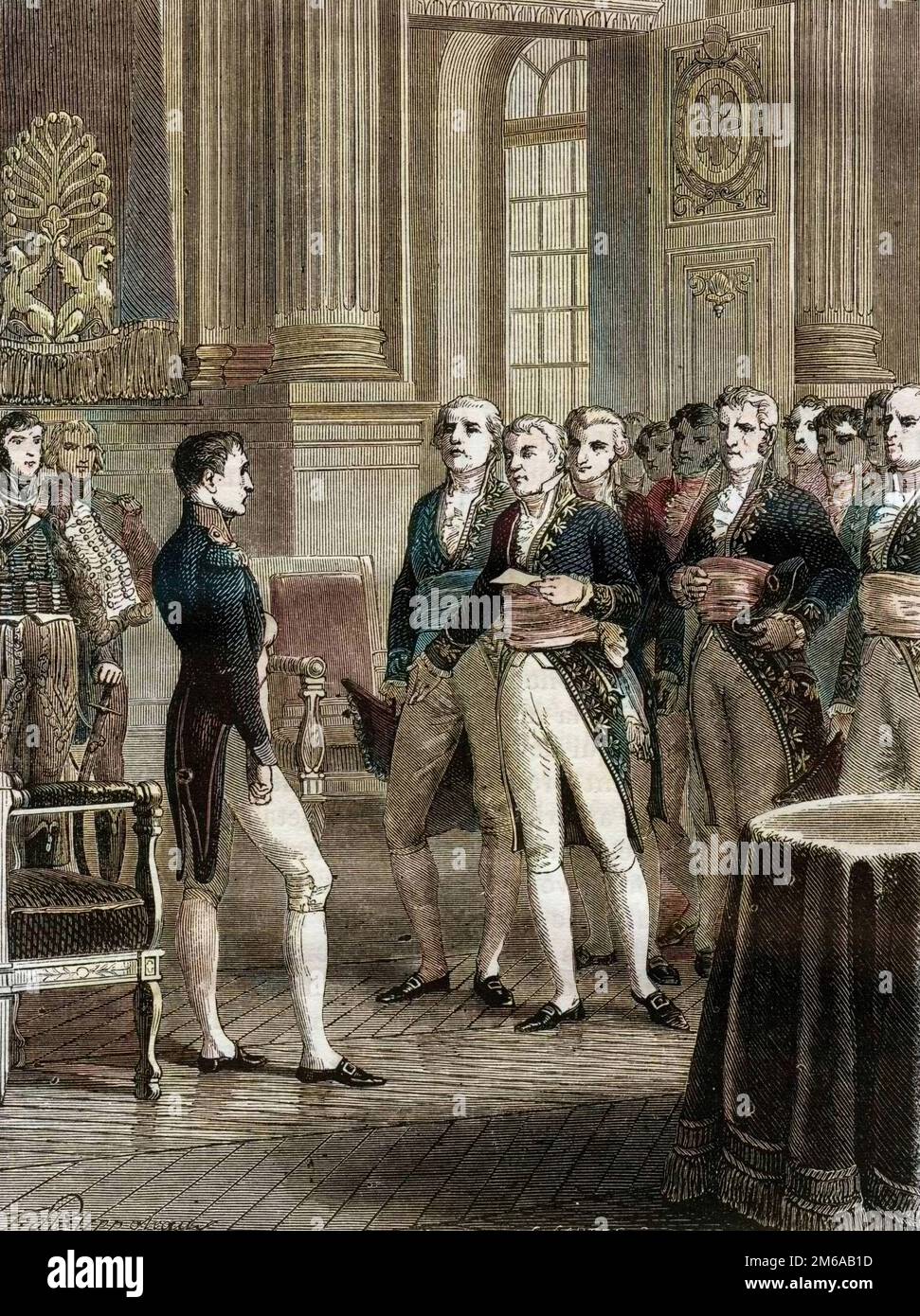 Jean-Pierre-Louis de Fontanes' Diskurs mit dem ersten Konsul Napoleon Bonaparte anlässlich der Fertigstellung des Code Civil, Paris, 1804 - Mars 1804 - Discours de Jean-Pierre-Louis de Fontanes (Jean Pierre Louis de Fontanes) au Premier Consul a l'occasion de l'achevement du Code Civil Gravure de Felix Philippteaux (1815-1884)1879 Stockfoto