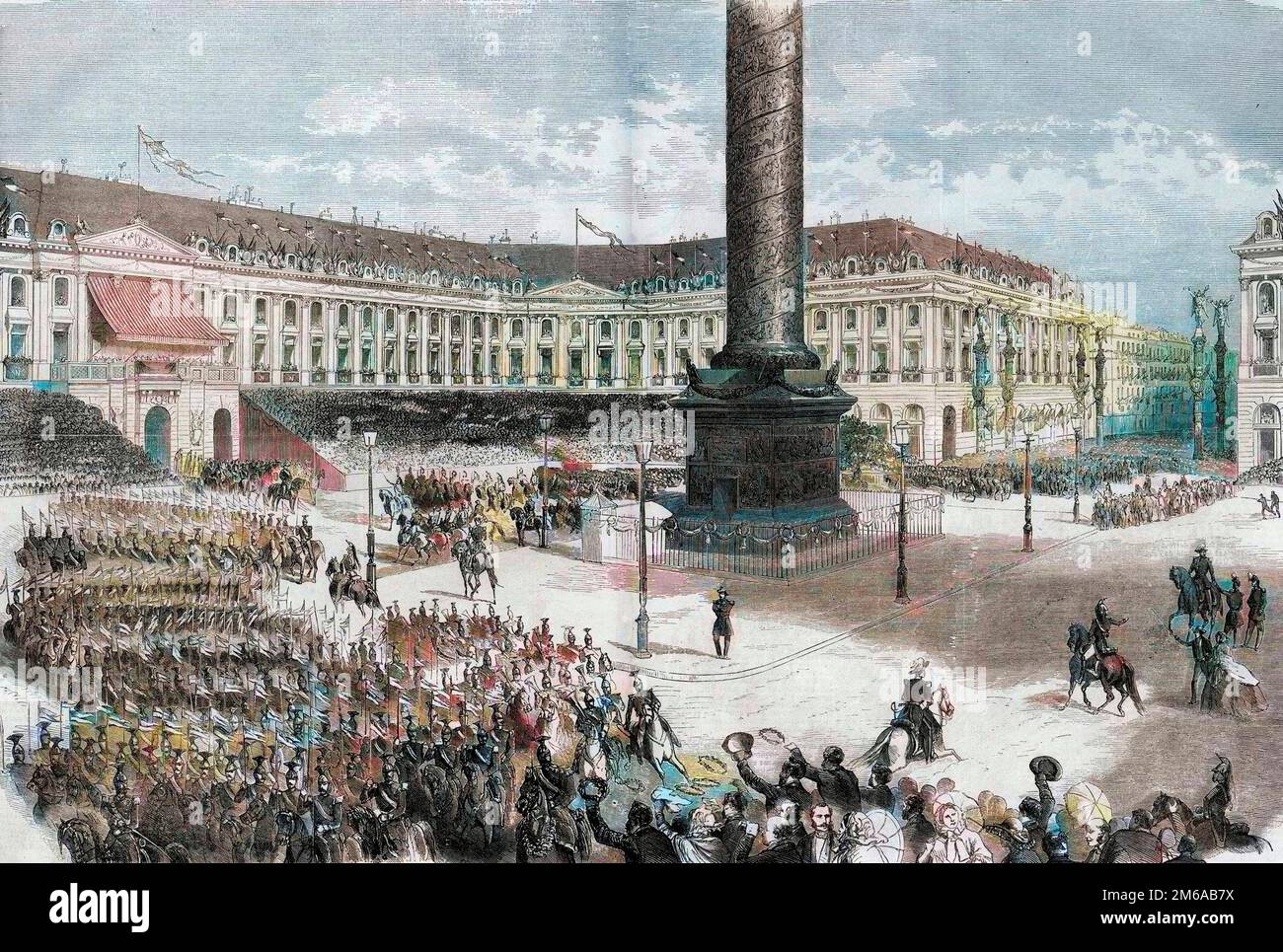 Die Paris Fetes, die Armee Italiens, die vor dem Kaiser schändet, am Place Vendome - Guerre d'Italie - Rentree des troupes, Place Vendome, A Paris, Saluees par Napoleon III, le 14 aout 1859 - Gravure de 1860 Stockfoto