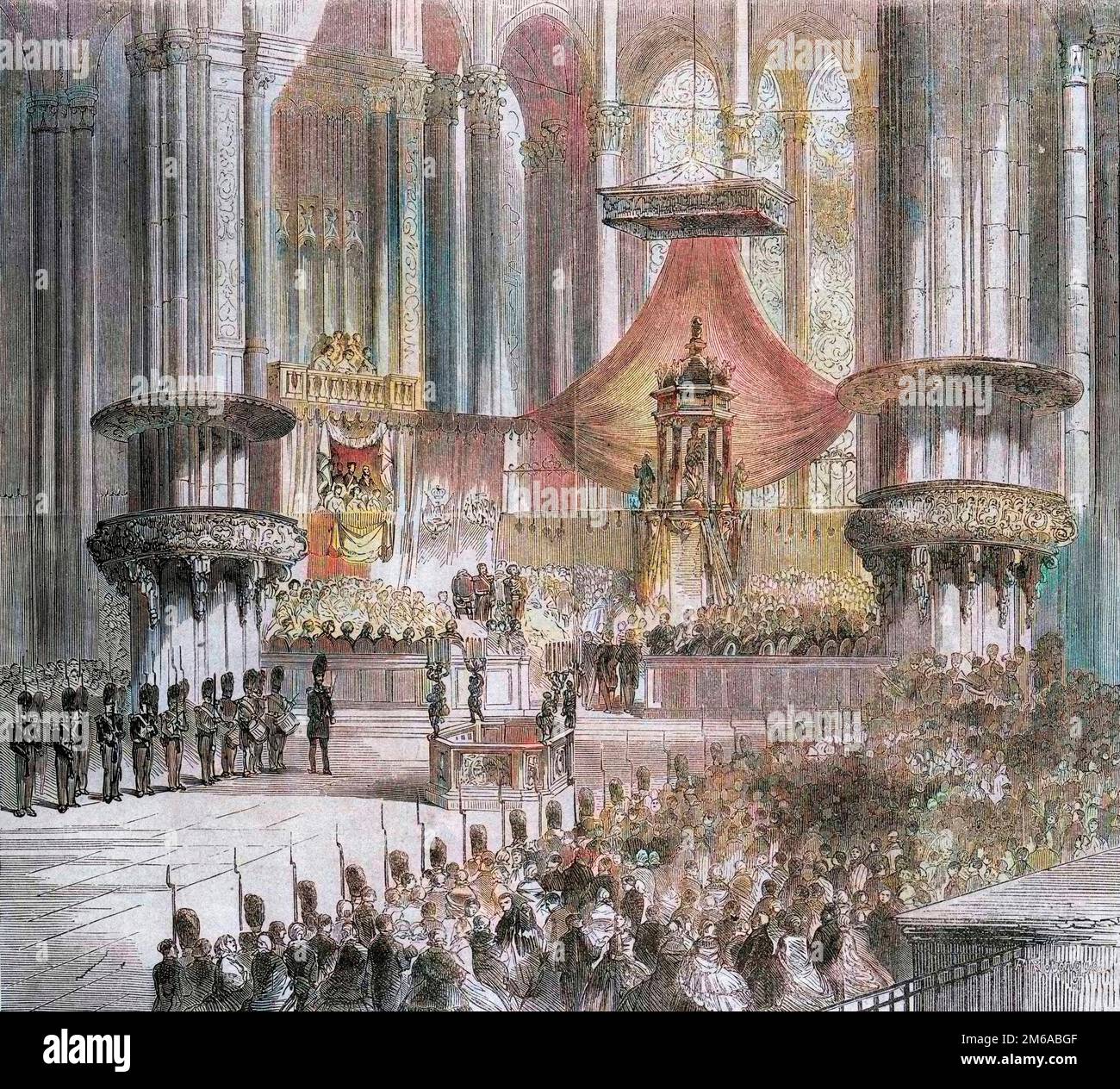 Risorgimento - Feier des Te Deum in der Mailänder Kathedrale in Anwesenheit der Könige Italiens und Frankreichs, 1859 - Napoleon III (1808-73) und Victor Emmanuel II (1820-78) - Stockfoto