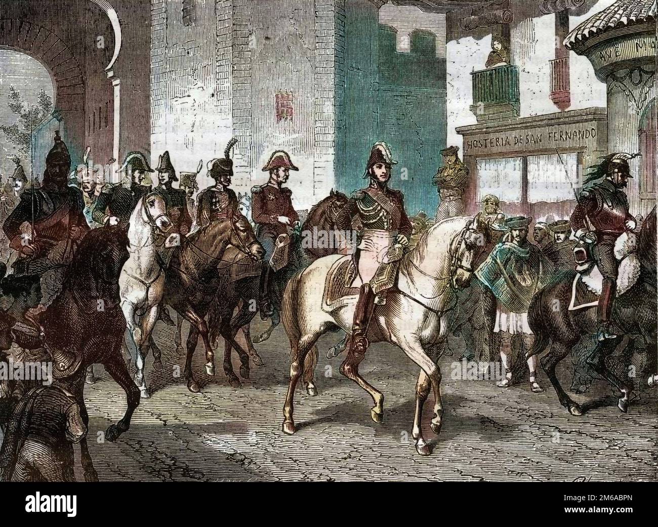 Belege et prise de Valence par l'armee francaise sous les ordres du Marechal d'Empire comte Suchet le 9 juillet 1812 - Entree du marechal Louis Gabriel Suchet a Valence en 1812 - Gravure de 1879 Stockfoto