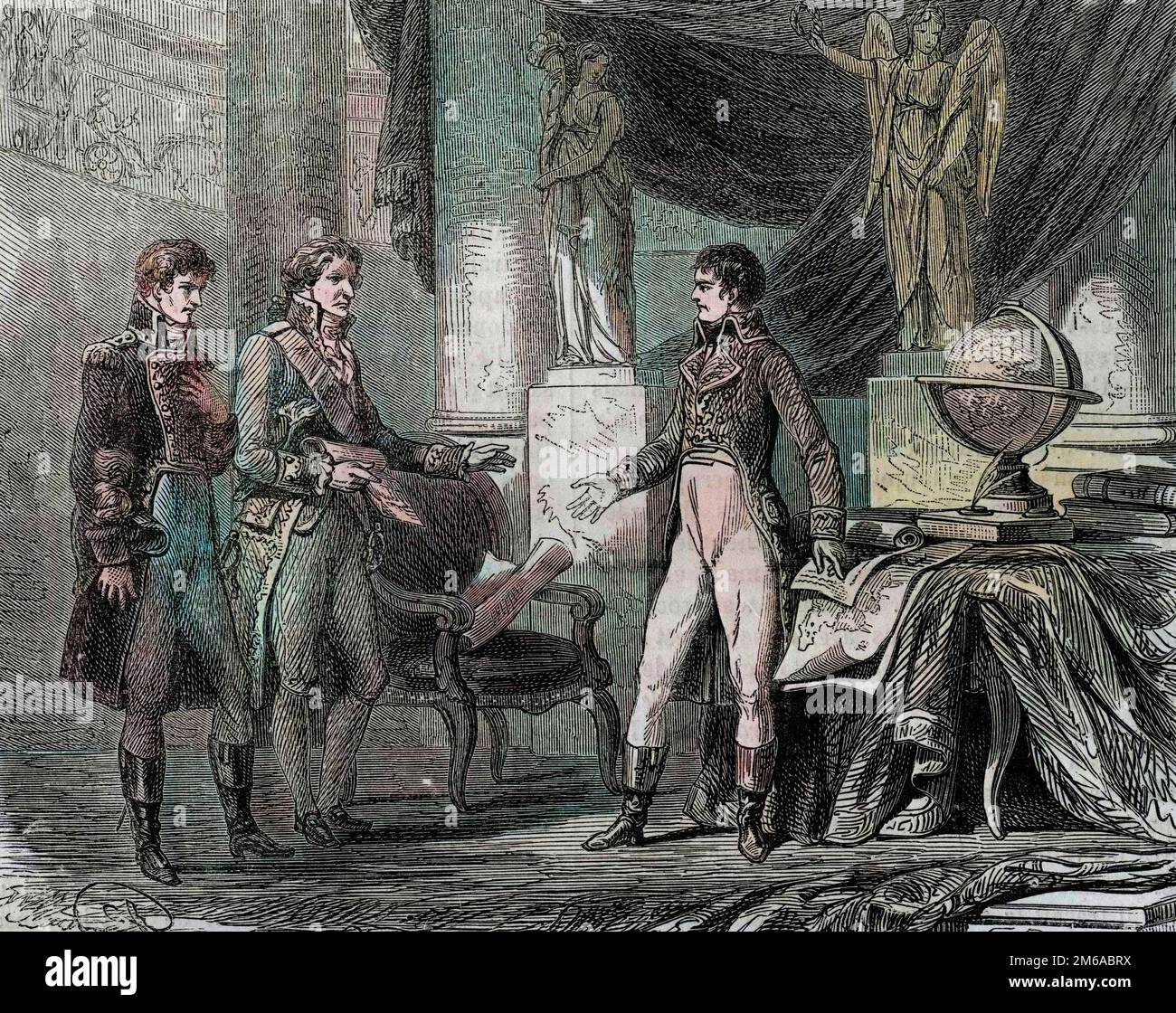 Lord Cornwallis (1738-1805) verhandelt den Vertrag von Amiens (1802) mit Napoleon Bonaparte (1769-1821) - Frieden von Amiens, Frankreich - Vertrag unterzeichnet im März 1802, der die Revolutionskriege 1791-1802 zwischen Frankreich und Großbritannien, Österreich, Preußen und anderen Kontinentalmächten beendete - eingraviert aus " Histoire populaire de la France" 1866 Stockfoto