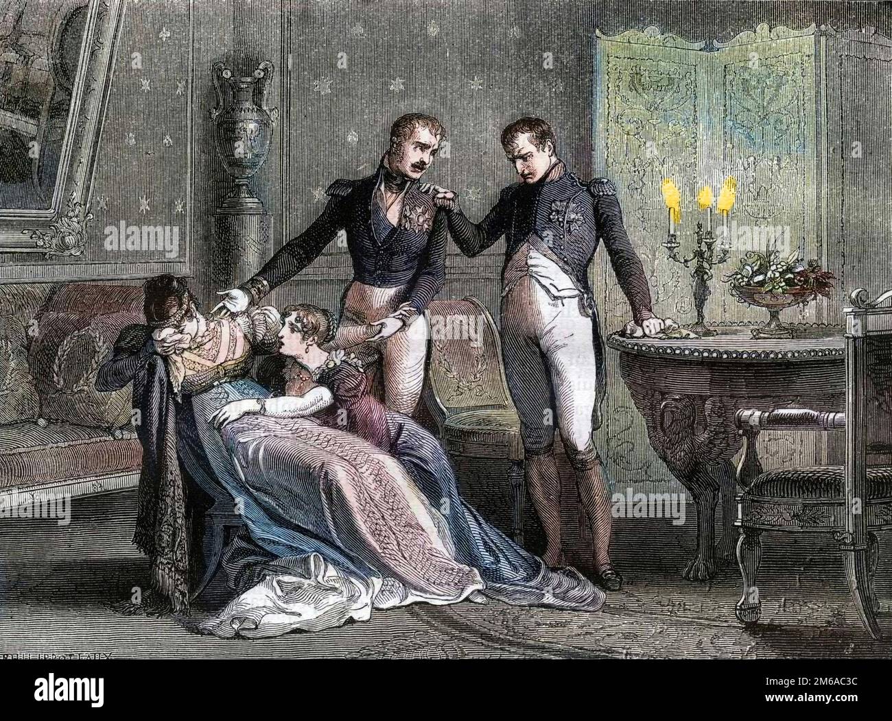 Napoleon verkündet Josephine den geplanten Tag für die Unterzeichnung der Scheidungspapiere, 1809 - Longue entrevue de famille dans laquelle le divorce est definitivement convenu entre Napoleon et Josephine le 30 novembre 1809 - Gravure de 1879 Stockfoto