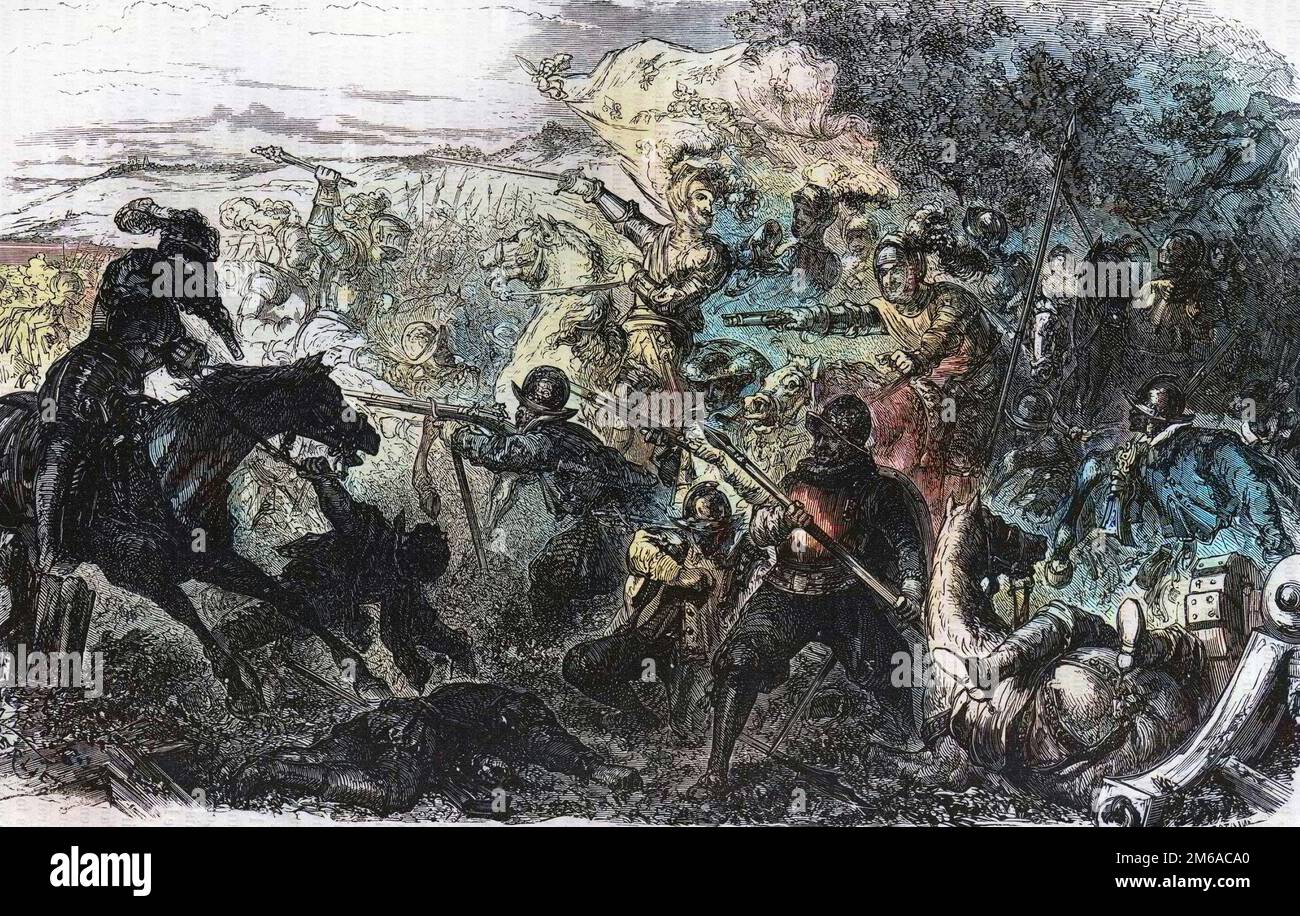 La bataille de Coutras se déroule le 20 octobre 1587, Pendant les guerres de Religion - Bataille de Coutras en 1587, Remportee par Henri de Navarre, Futur Henri IV In "Histoire Populaire de la France", Vers 1885. Schwerkraft. Stockfoto