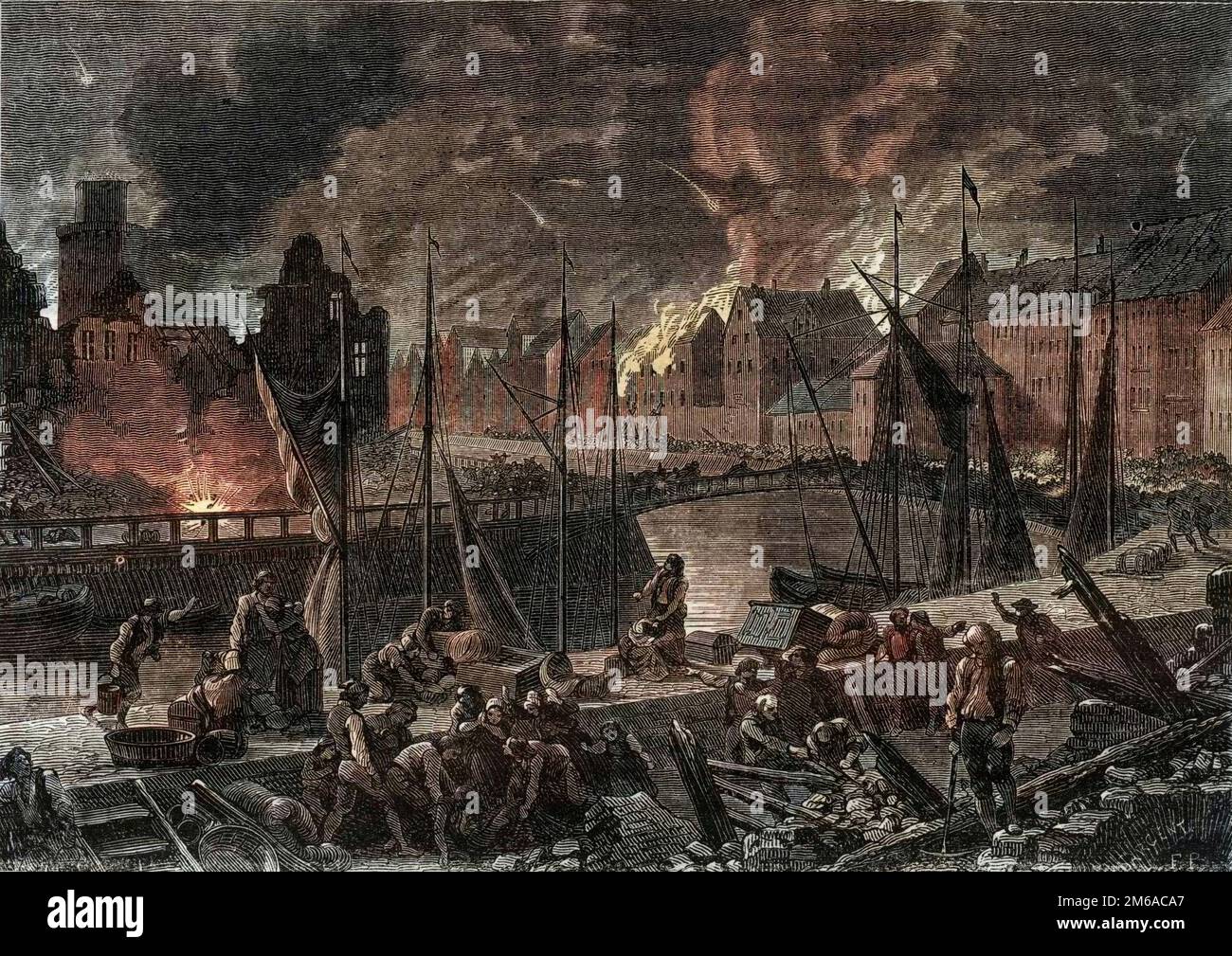 Die zweite Schlacht von Kopenhagen (oder die Bombardierung von Kopenhagen) (16. August bis 5. September 1807) die britische Bombardierung von Kopenhagen, um die Dano-Norwegische Flotte zu erobern, während der Napoleonischen Kriege - Guerres anglaises - La bataille de Copenhague de 1807 oder Secondde bataille de Copenhague -1879 Stockfoto