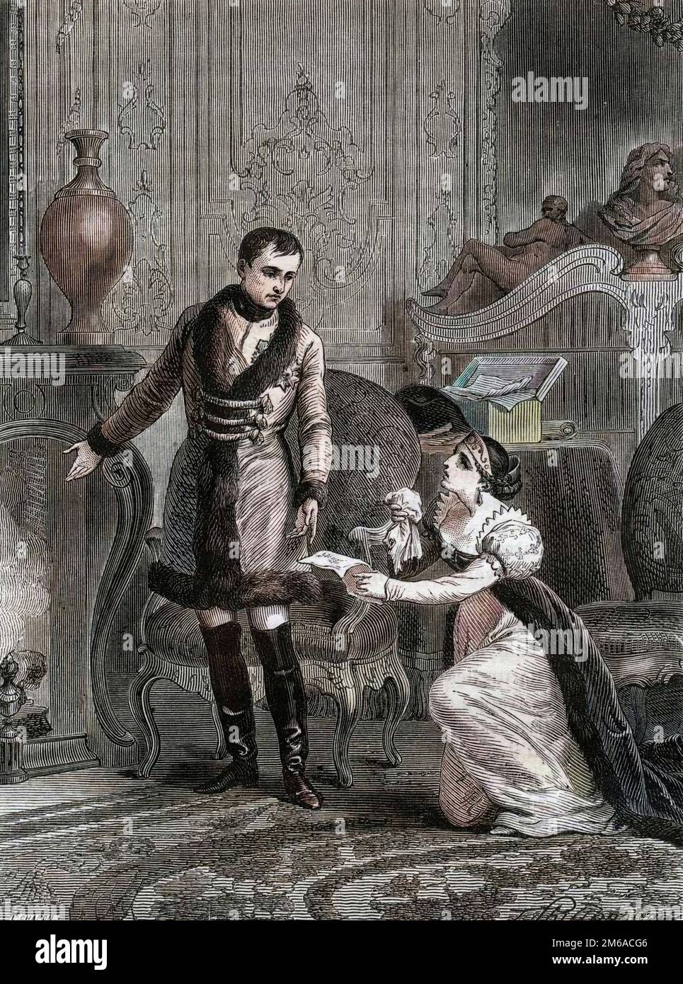 Die Gnade des Kaisers Napoleon I. (1769-1821) gegenüber der Prinzessin von Hatzfeld, die ihren des Hochverrats angeklagten Ehemann Prinz Hatzfeld begnadigt hat, am 28. Oktober 1806 - la clemence de l'Kaiser Napoleon Ier (1769-1821) Envers la Princesse de Hatzfeld, le 28/10/1806, Veranstaltungsdemander Grace pour Sohn mari le Prince de Hatzfeld, Angeklagte de trahison -1879 Stockfoto