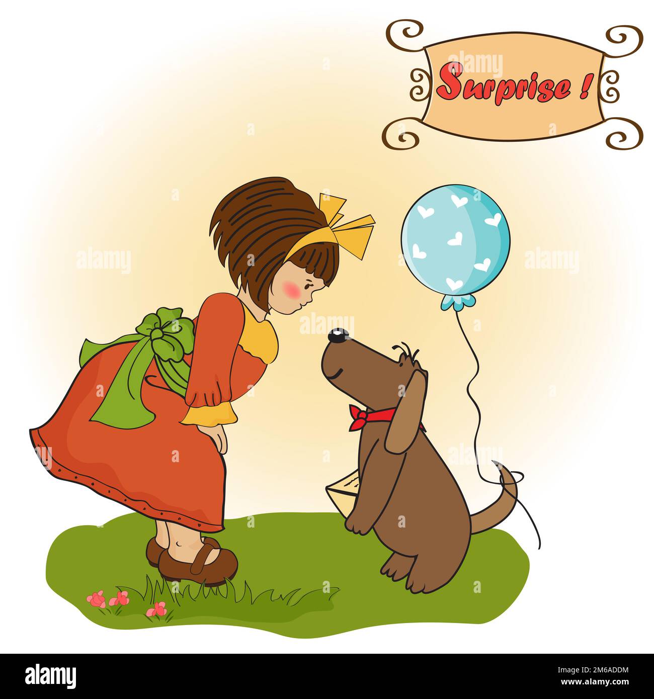 Ein junges Mädchen und ihr Hund in einer wunderbaren Geburtstagskarte Stockfoto