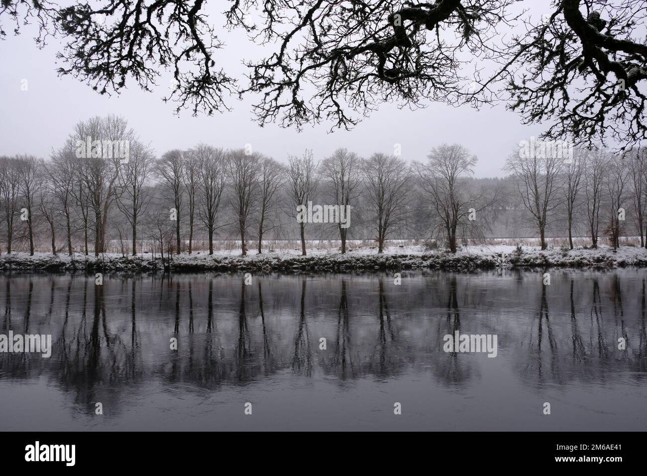 Dunkeld, Schottland, Großbritannien. 3. Januar 2023 Die Temperatur steigt langsam an, und der jüngste Winterschnee beginnt zu schmelzen und verwandelt sich in Matsch. Reflexion im Fluss Tay mit niedrigem Nebel und Nieselregen. Kredit: Craig Brown/Alamy Live News Stockfoto