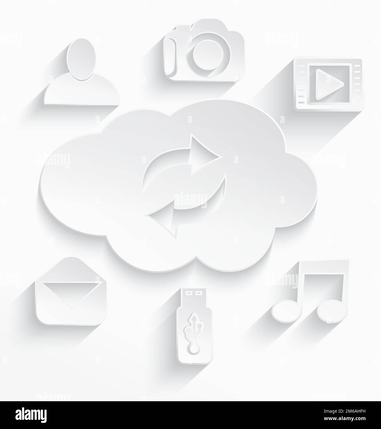 Weiße Cloud-Computing-Symbole, die durch Pfeile abgeschnitten werden Stockfoto