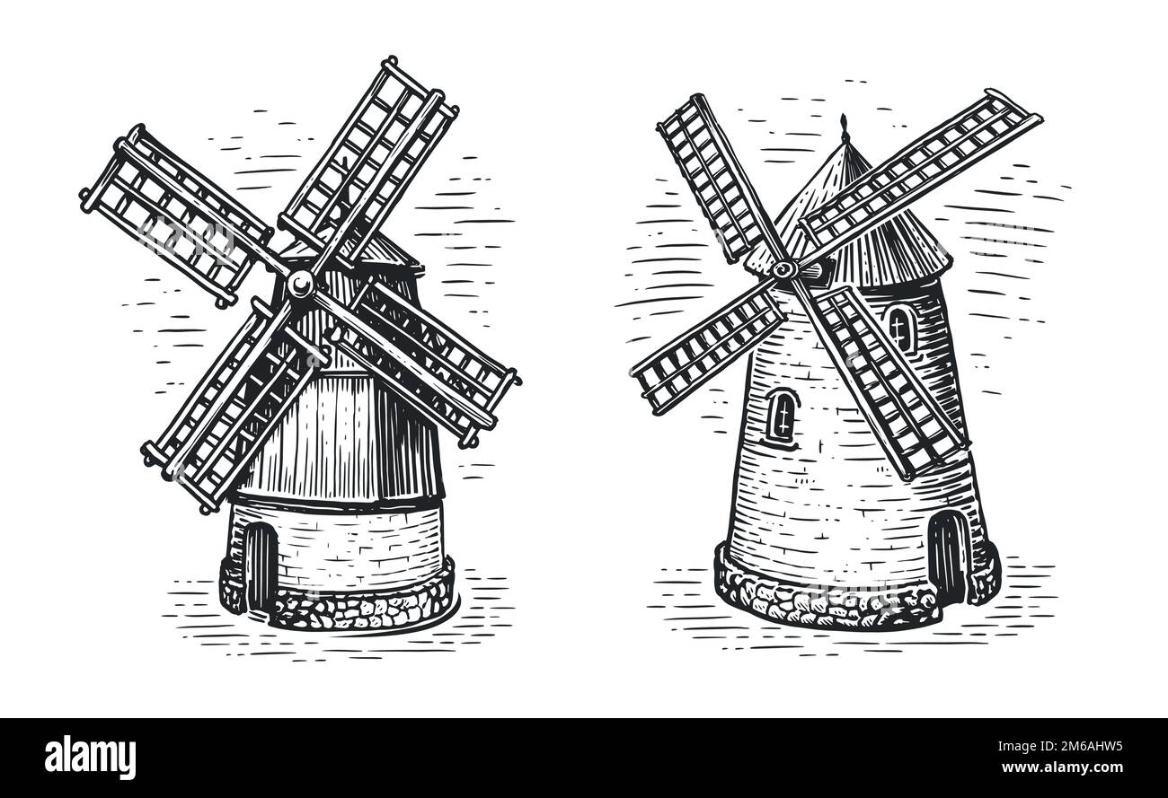 Alte Windmühle im Skizzenstil. Bauernhof, Landwirtschaftskonzept. Eingravierte Vektordarstellung Stock Vektor