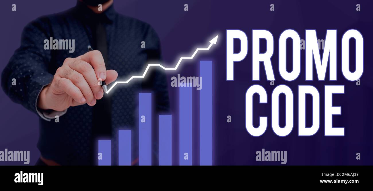 Inspiration mit dem Schild „Aktionscode“. Wort, das auf digitalen Nummern geschrieben ist und Ihnen einen guten Rabatt auf bestimmte Produkte bietet Stockfoto