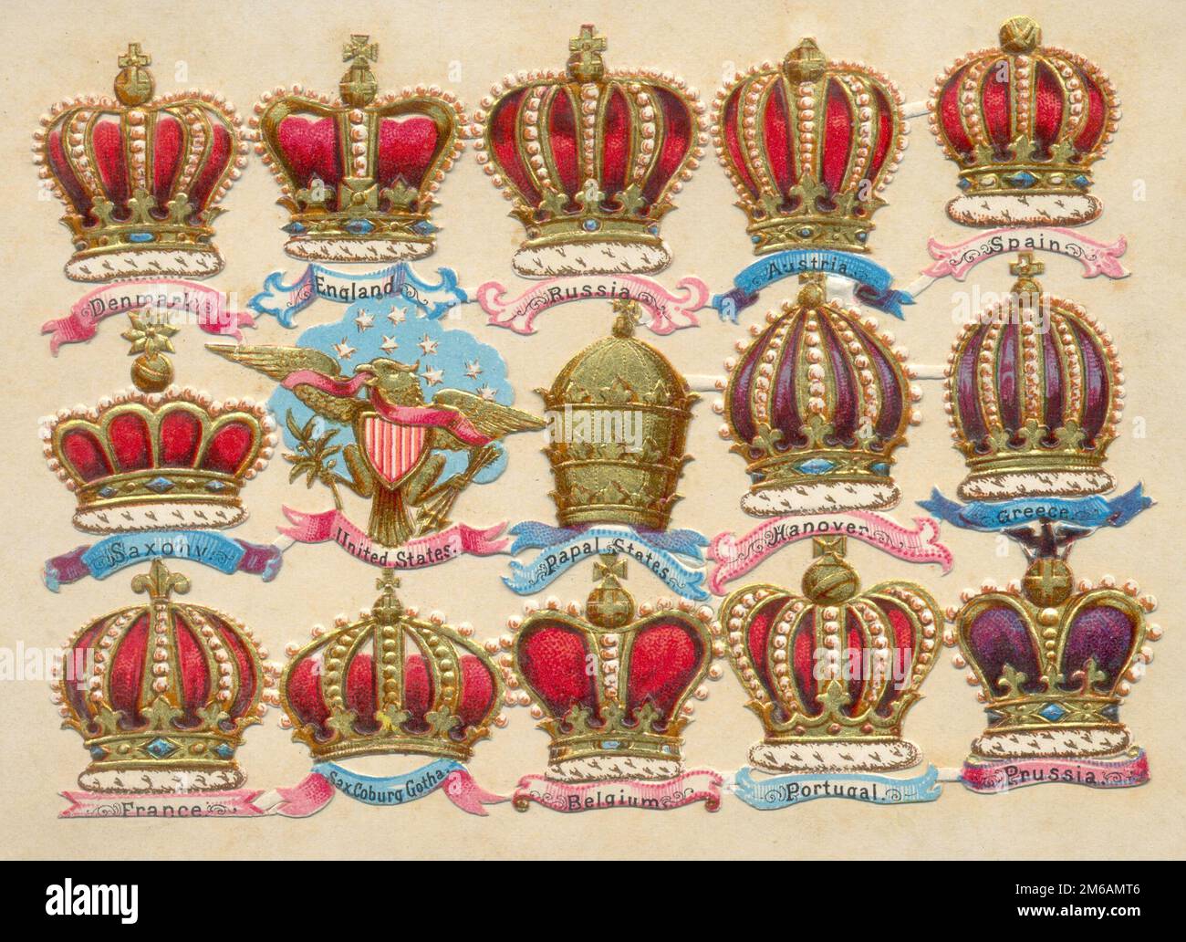 Ein Blatt chromolithographierter, gestanzter Kronenabfälle der regierenden Monarchen und Herrscher aus dem Jahre 1885 Stockfoto