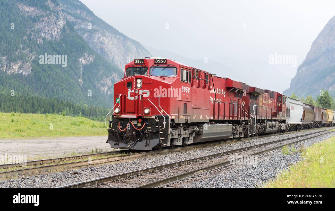 Field, BC, Kanada - 23. Juni 2016; Canadian Pacififc Güterzug mit rotem Motor Stockfoto